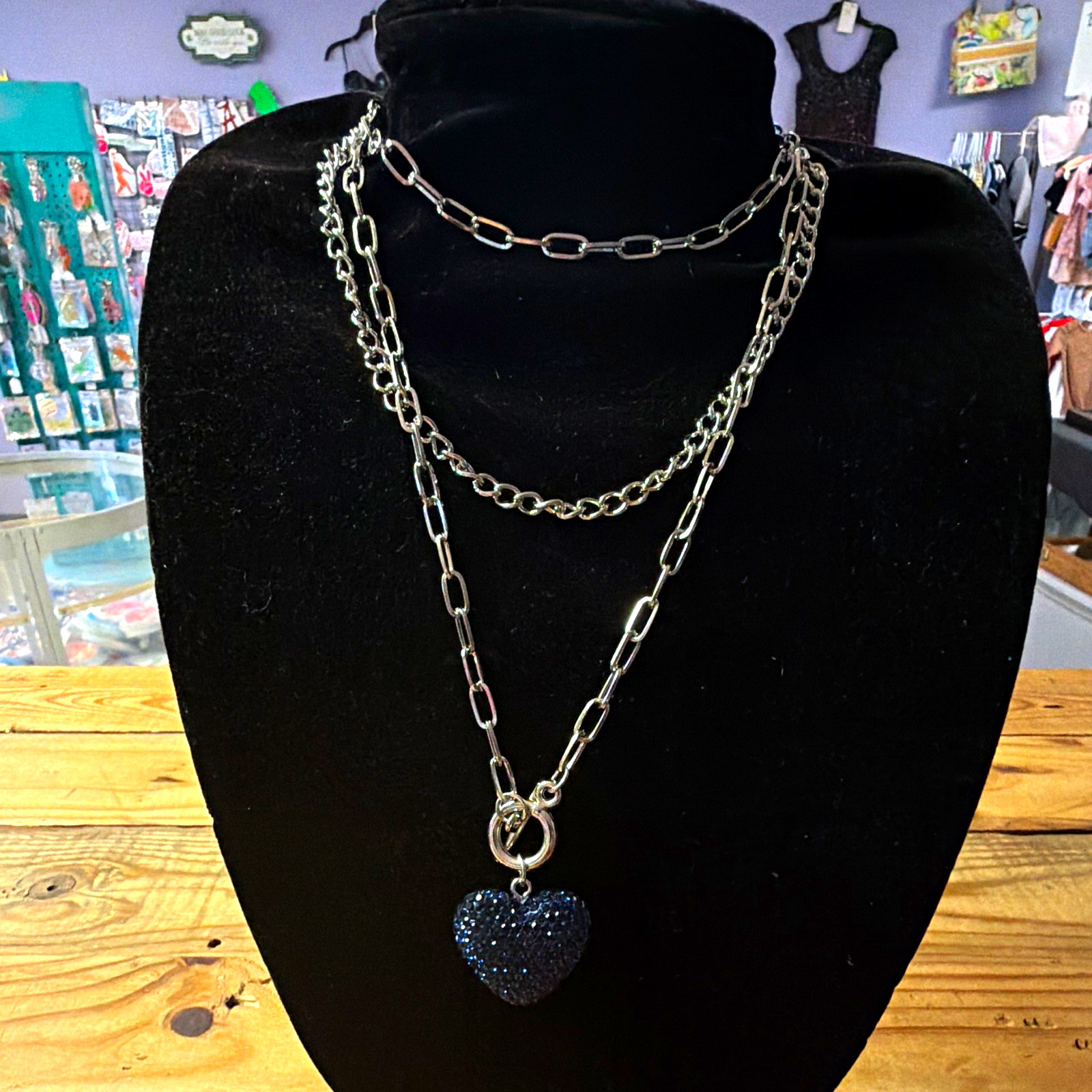 Silver Tone Layered Cable Chain Necklace, Blue Crystal Heart Charm Pendant