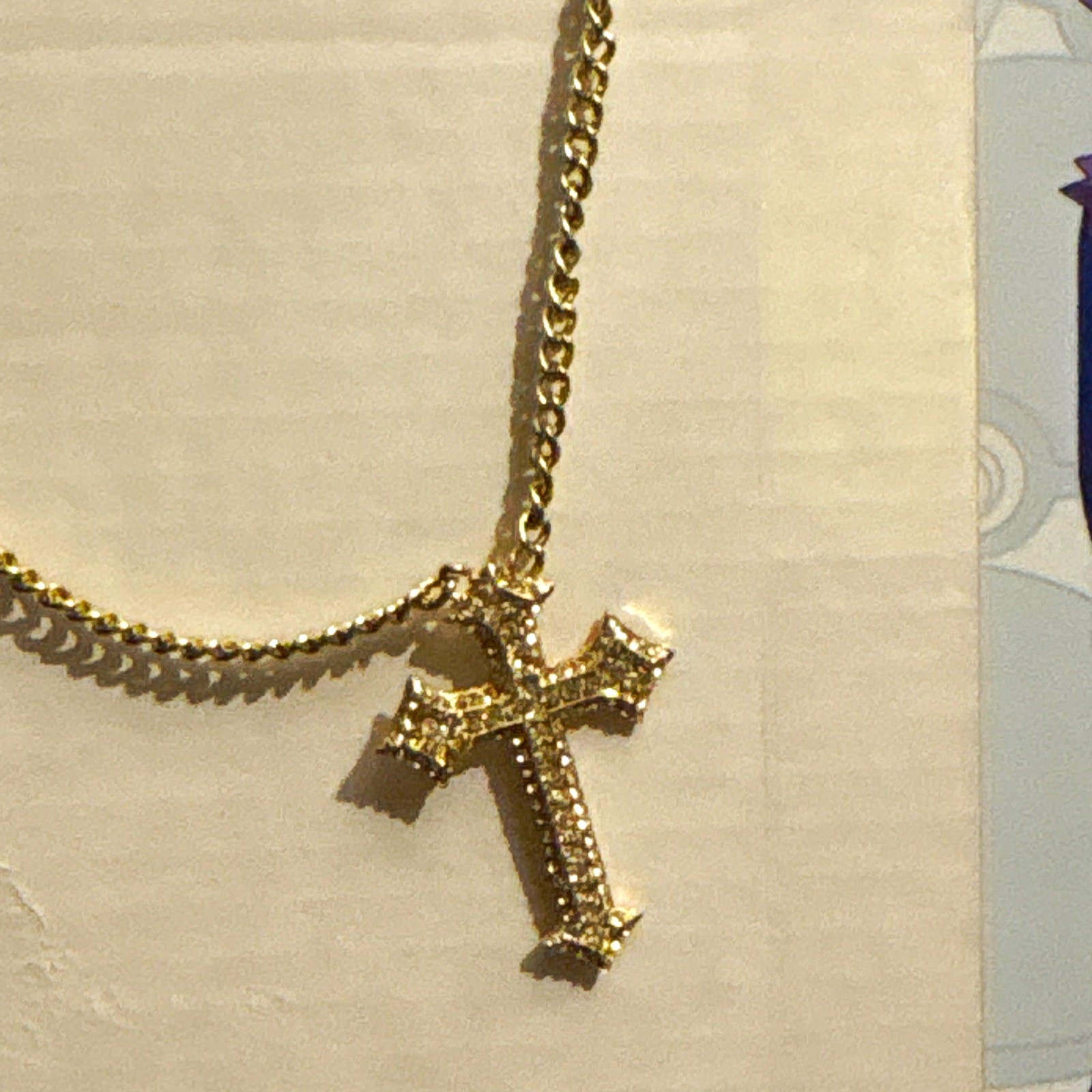 Gold Tone Curb Chain Necklace Cross Pendant Clear Crystal Rhinestones Lobster