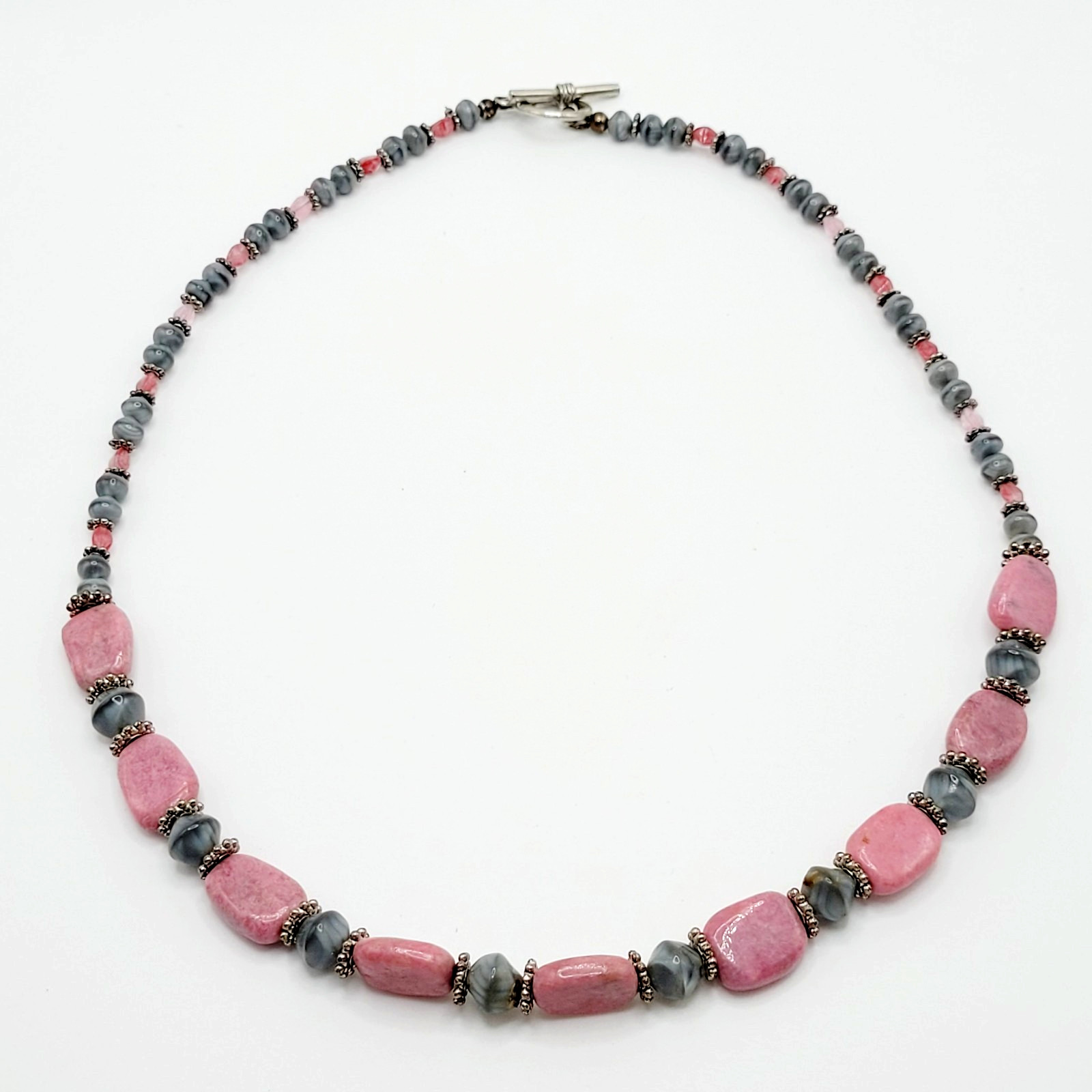 Unique Pink and Gray Stone Mixed Shape Silver Tone Handcrafted Necklace 23 Inch