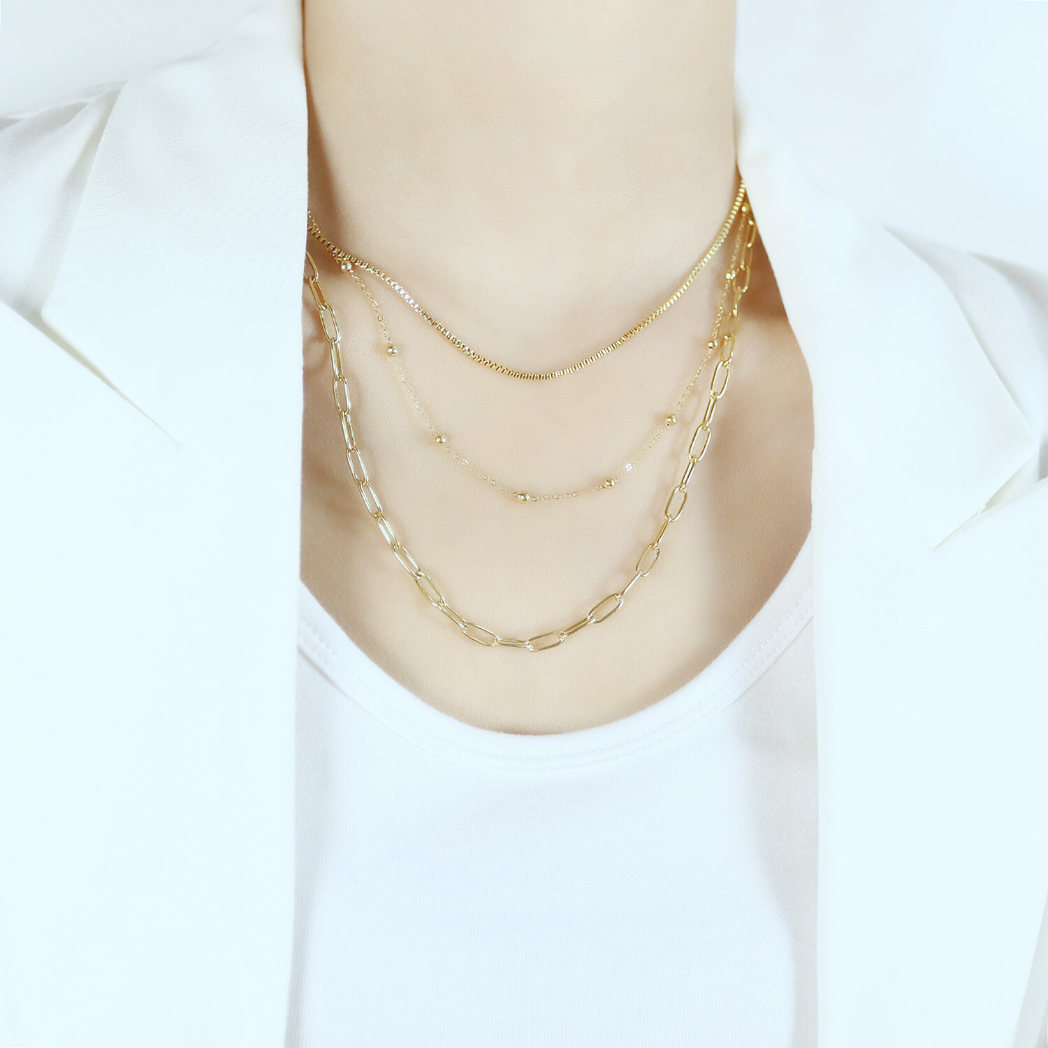 Woman 18K Gold Plated Stainless Steel 3 Layer Bead Box Rolo Link Chain Necklace