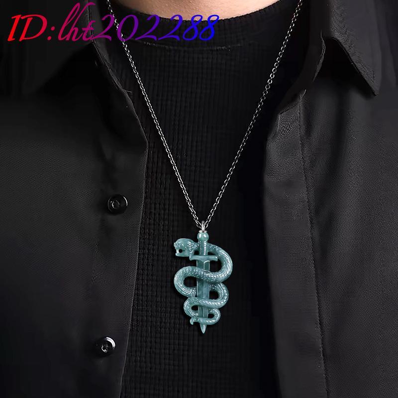 Blue Myanmar Jadeite Snake Pendant Necklace 925 Silver Burmese Jade