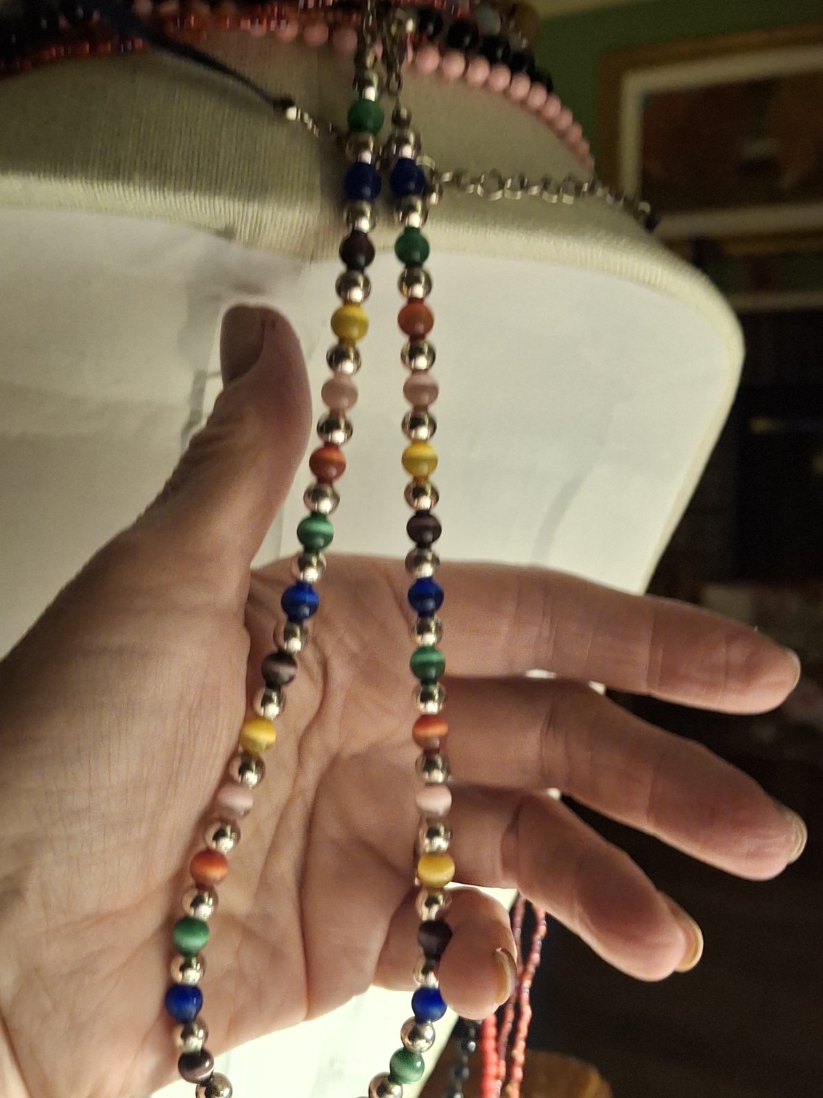 Multicolor Beaded Necklace Metal Round Beads Lobster Claw Fashion Jewelry