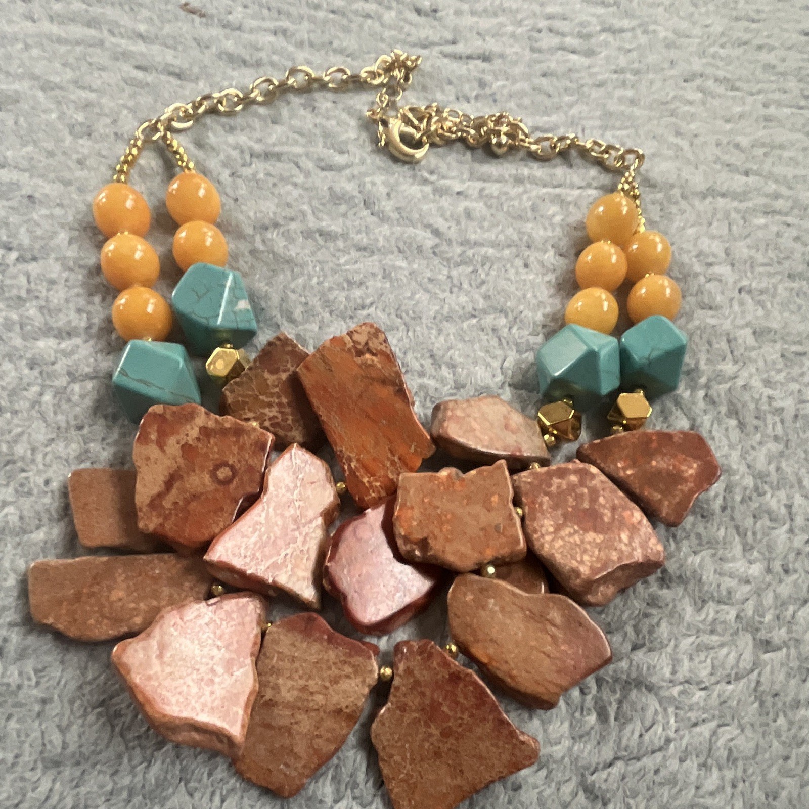 Jasper & Turquoise Chip Stone Beaded Statement Necklace, Gold Tone Lobster Clasp