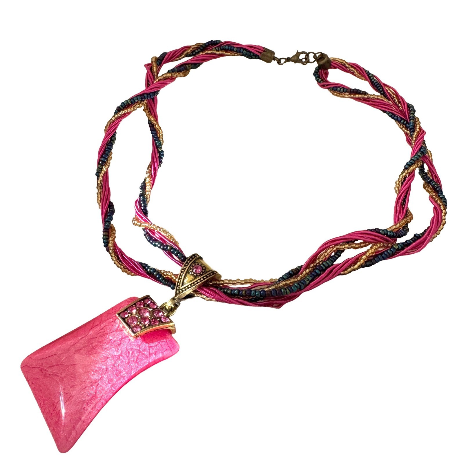 Pink Statement Pendant Necklace Braided Multi Strand Seed Bead Rhinestone Gold
