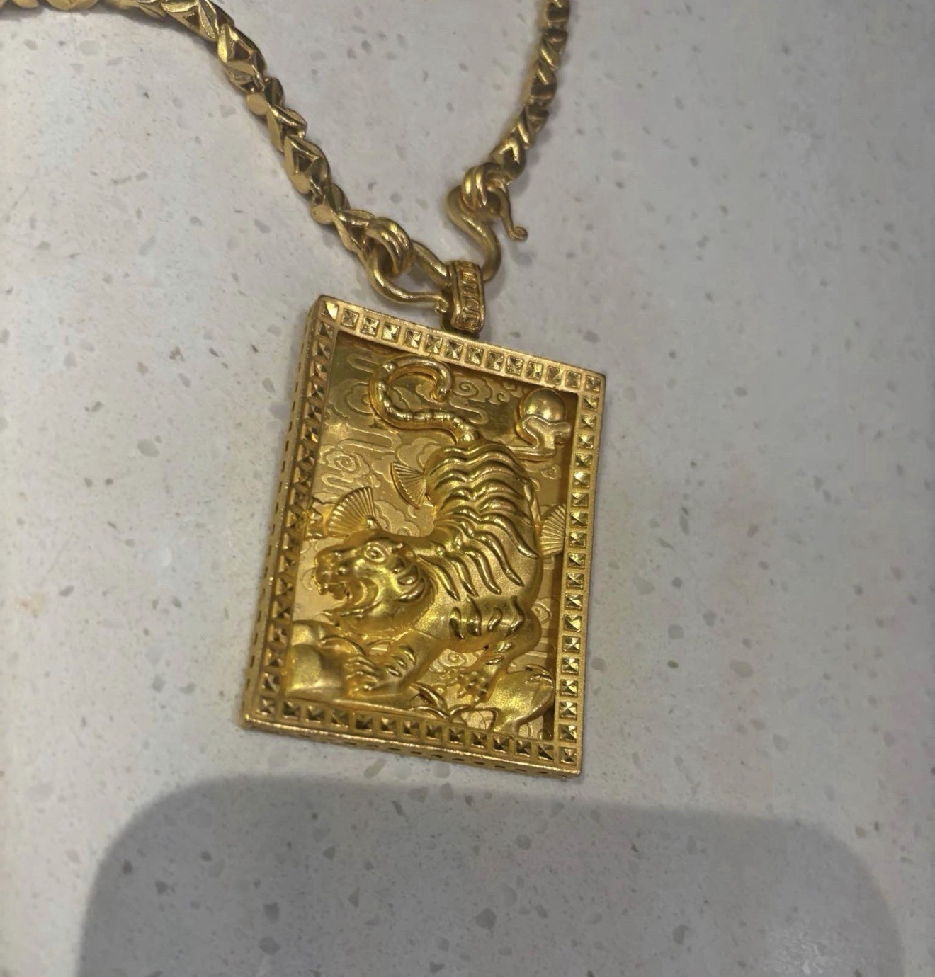 24K Pure .999 Gold Box link Chain + Rectangle tiger Pendant 115 total grams