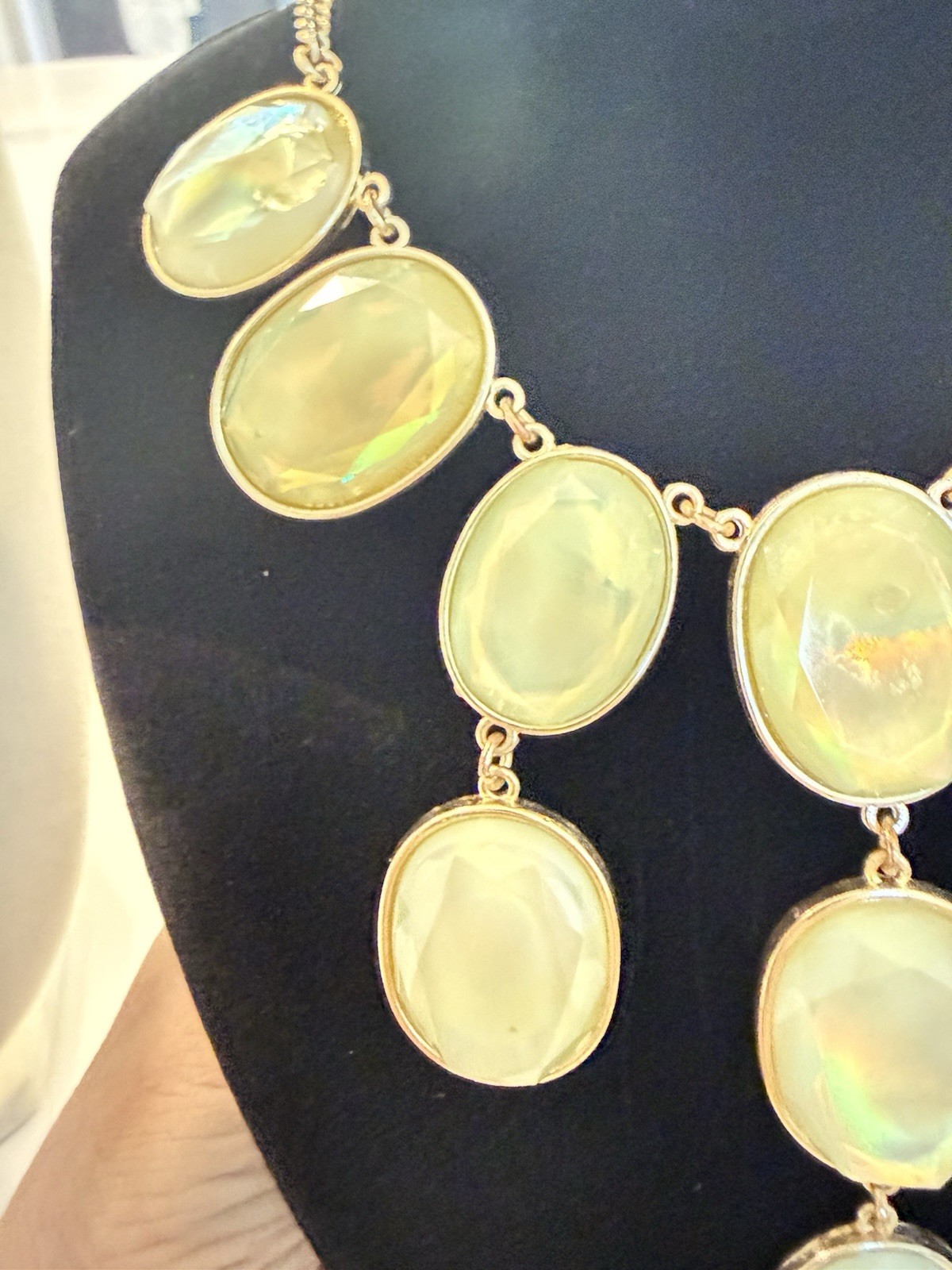 Gold Tone Curb Link Chain Bib Statement Necklace, Oval White Stones, Lobster