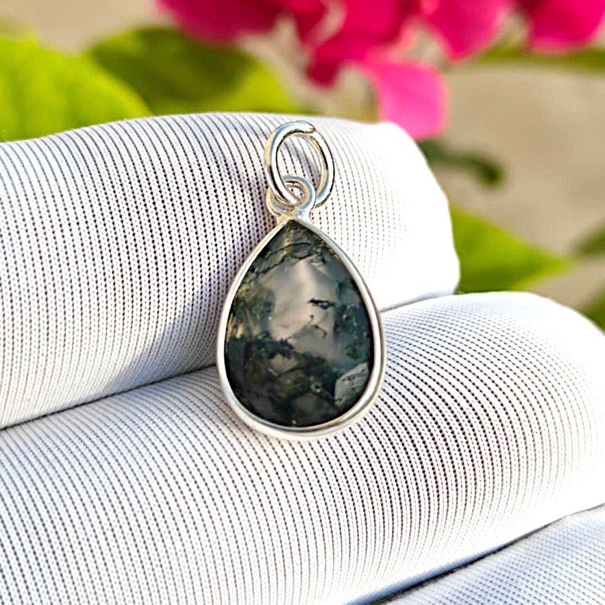 Natural Pear Moss Agate Gemstone Charm Pendant 925 Solid Silver Jewelry for All
