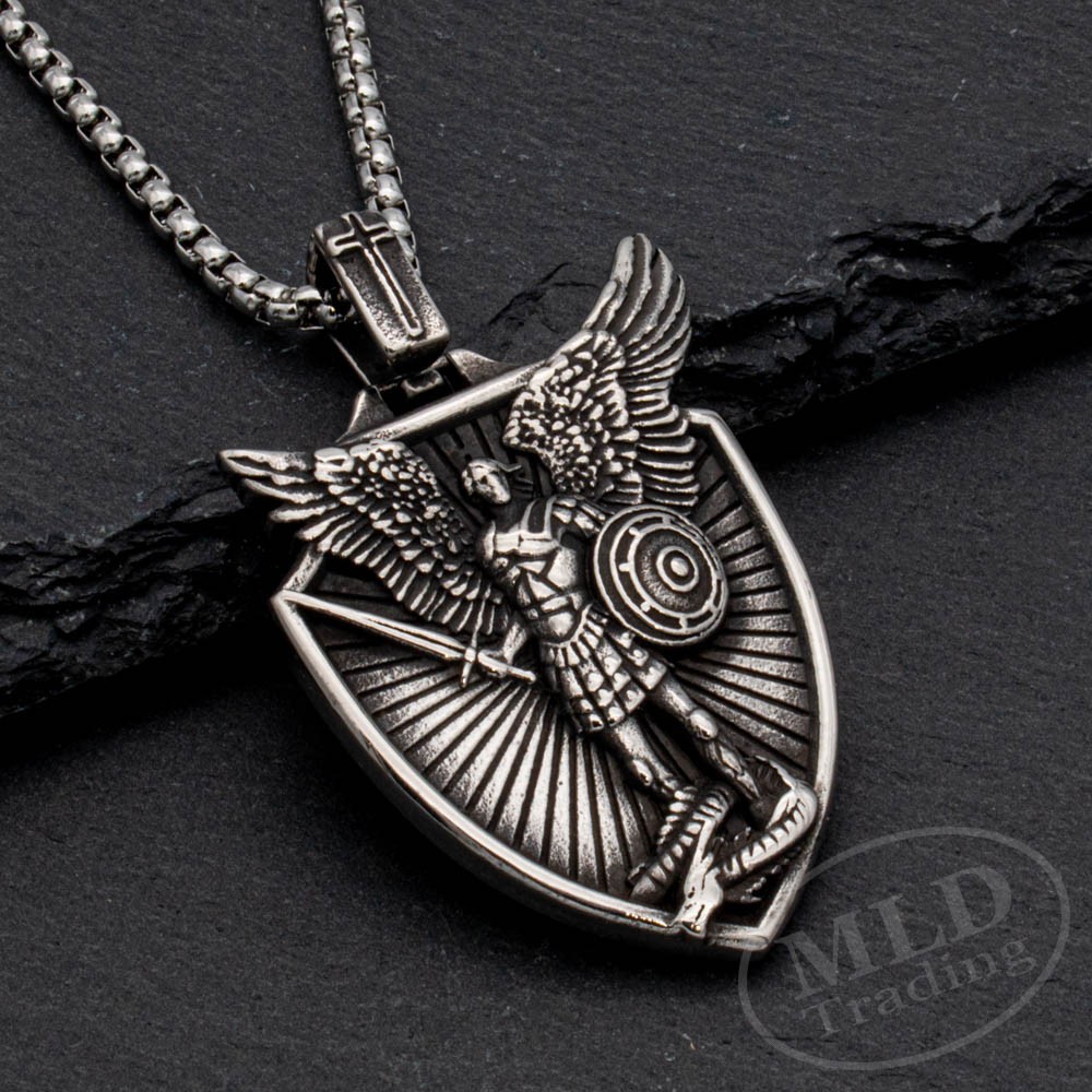 Saint St Michael Shield Pendant Necklace – Stainless Steel Archangel 24″ Chain