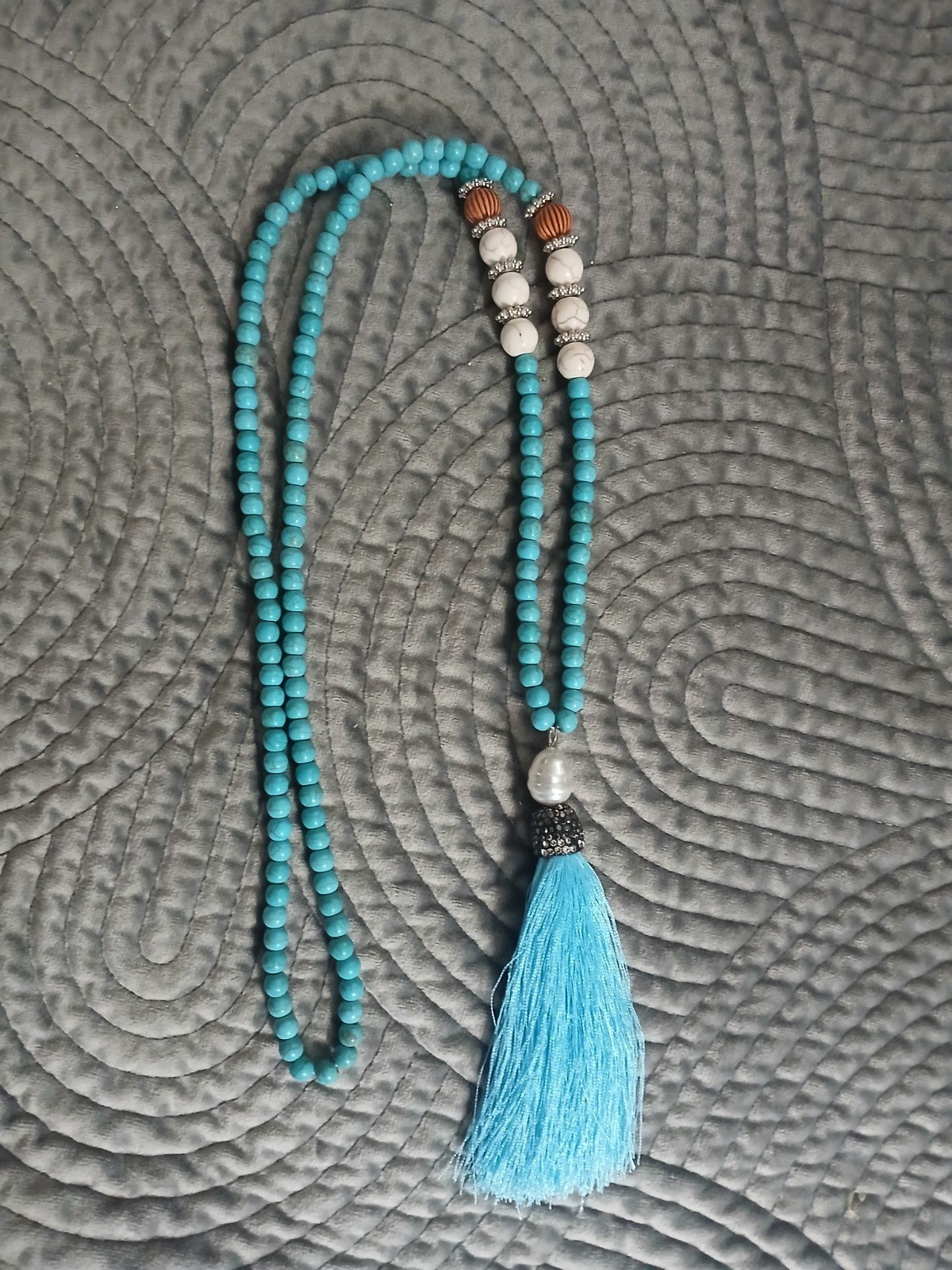 Turquoise Necklace Long Beaded With A Pearl And Tassel