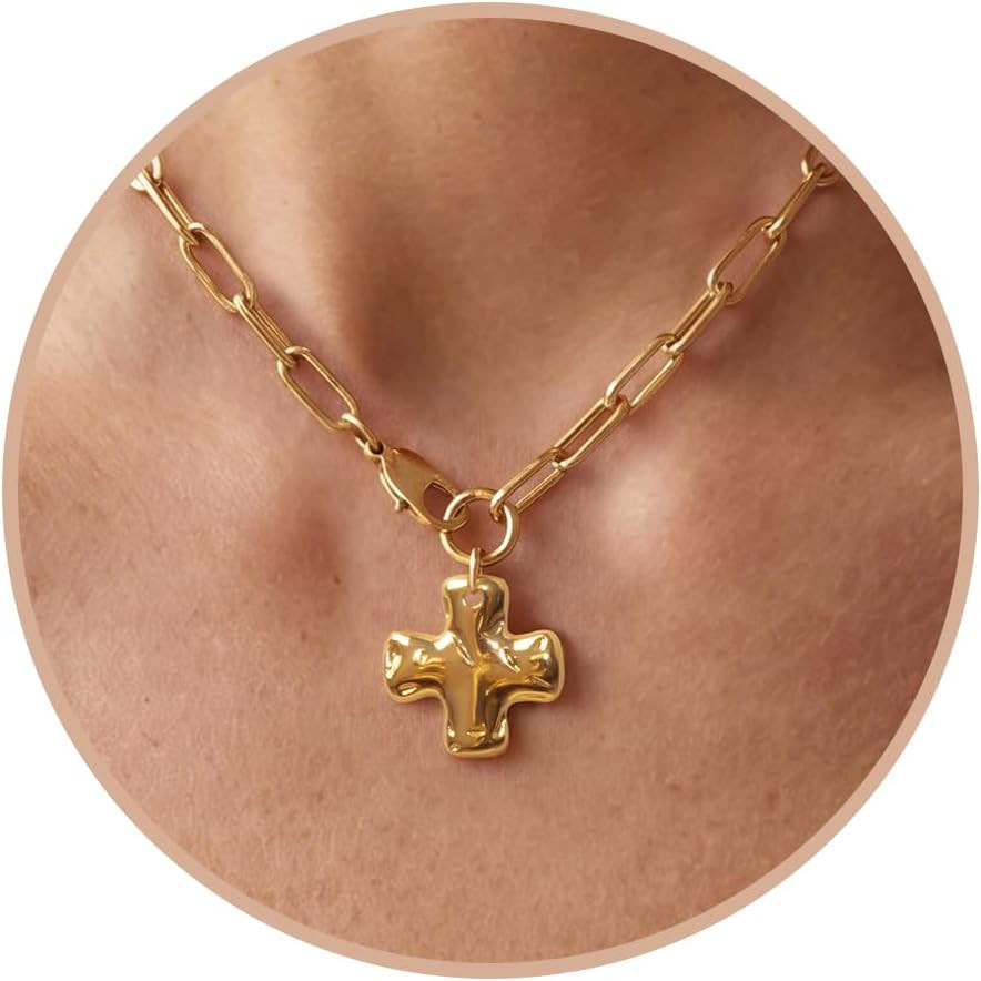 Gold Chunky Cross Necklace for Women Toggle Hammered Cross Chunky Necklaces | 14