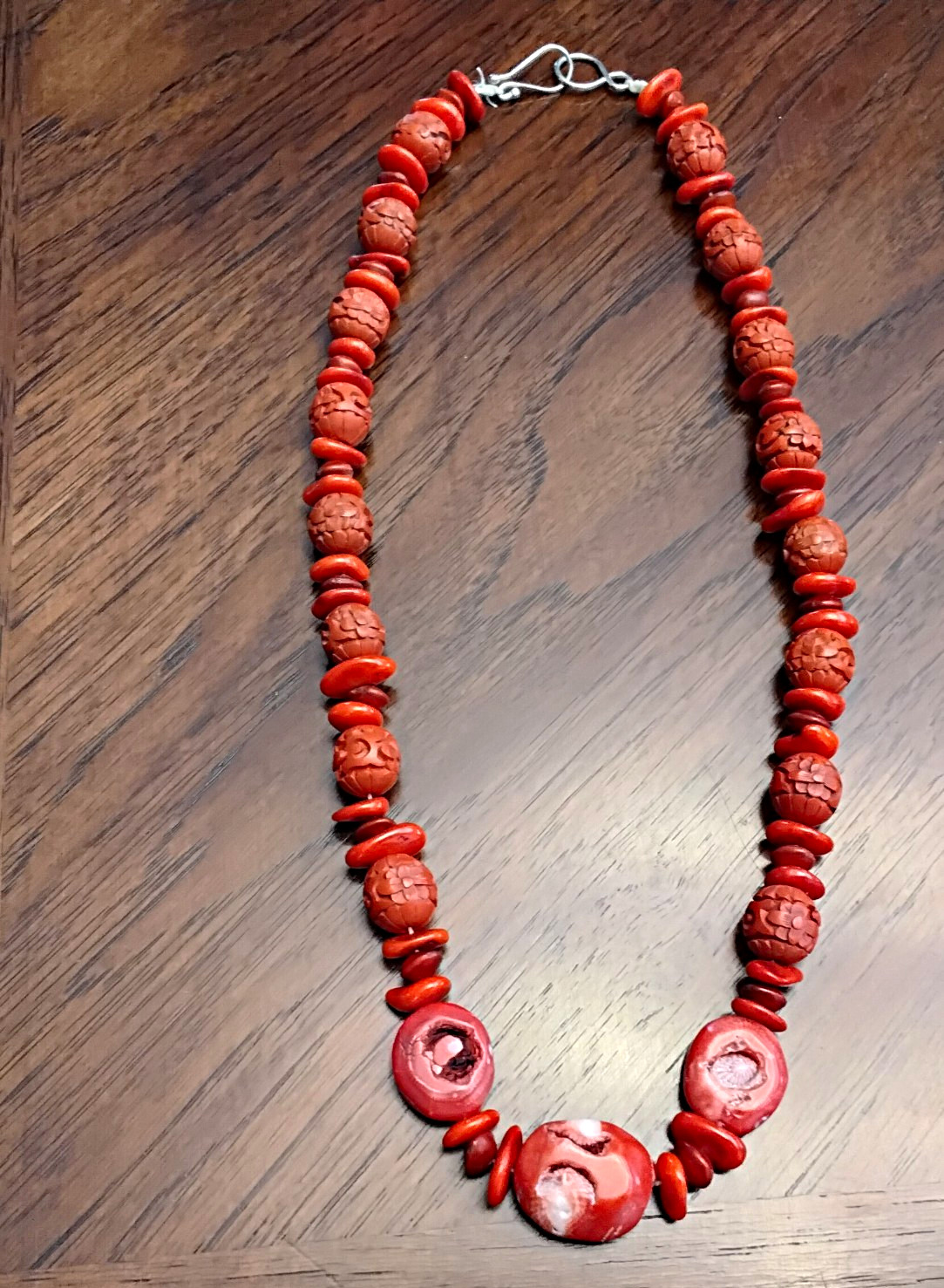 Vintage Chunky Bamboo Coral Necklace With Carved Beads & Metal Hook Closure