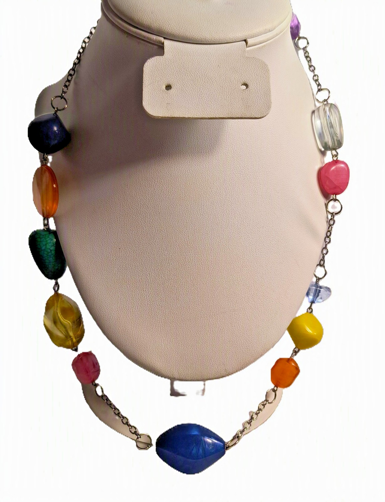 Multicolor Acrylic Beaded Statement Necklace Silvertone Chain