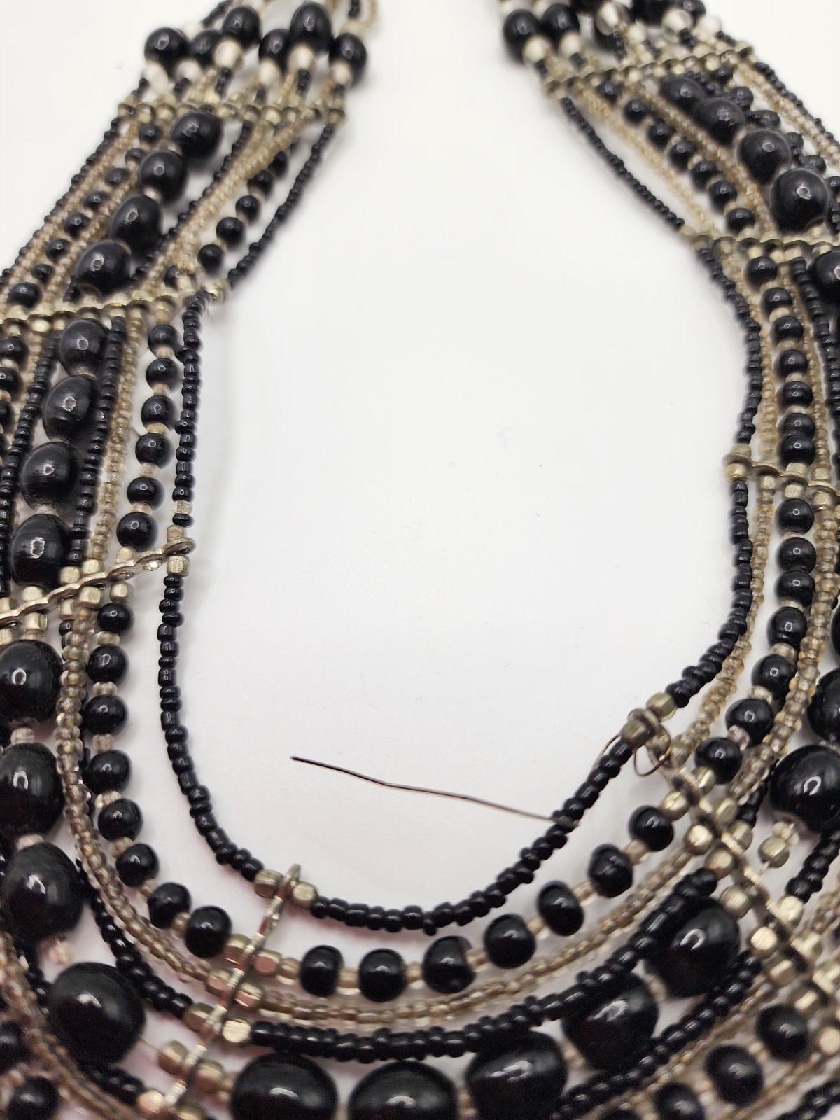 Black Silver Glass Beaded Statement Necklace Multi-Strand Lobster Closure