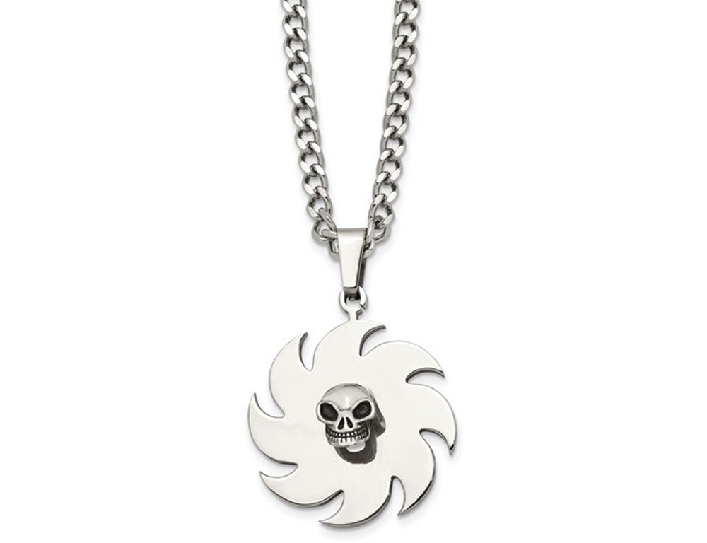 Stainless Steel Polished Skull on Saw Blade Pendant with Chain