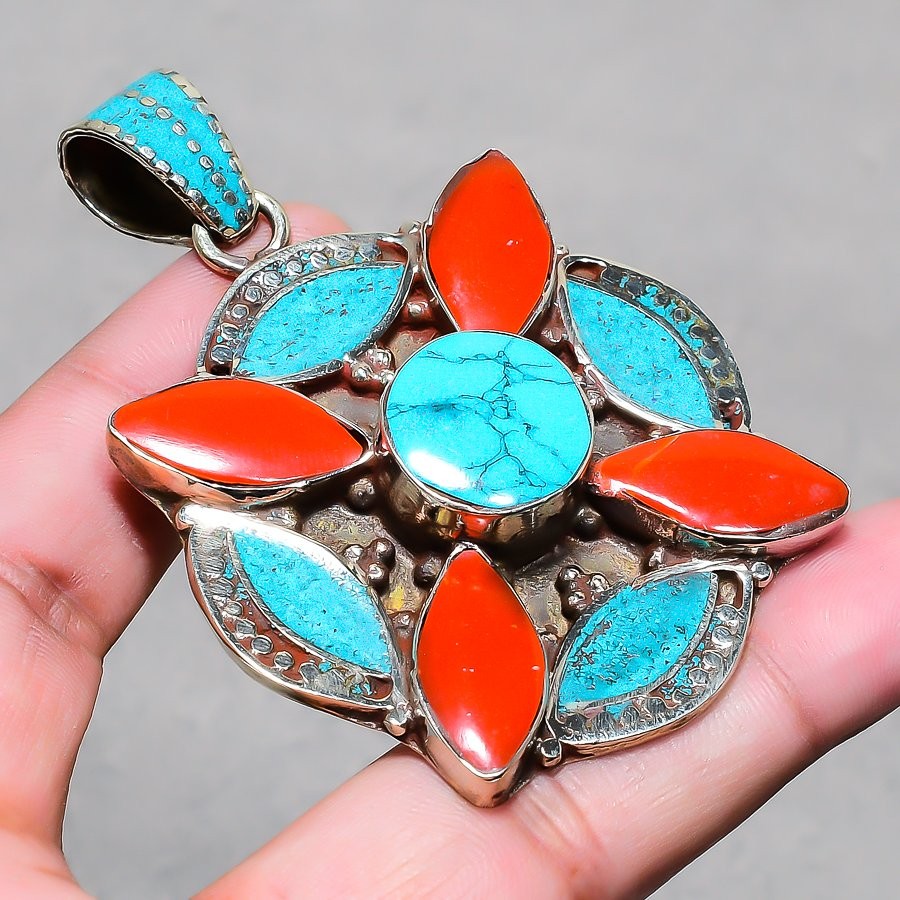 Tibetan Turquoise Coral Bohemian Ethnic Baho Nepali Jewelry Pendant 2.8″ SR 2410