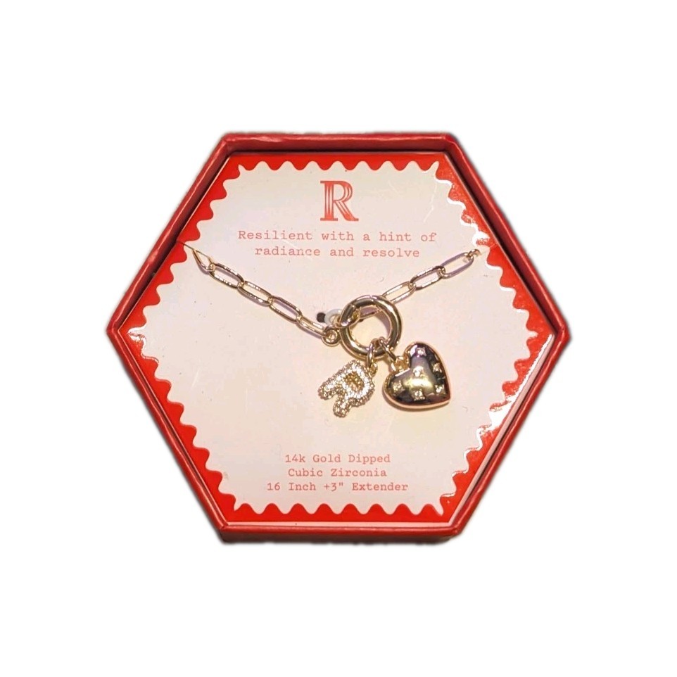 A New Day 14k Gold Dipped Initial R Charm Necklace Heart Cubic Zirconia