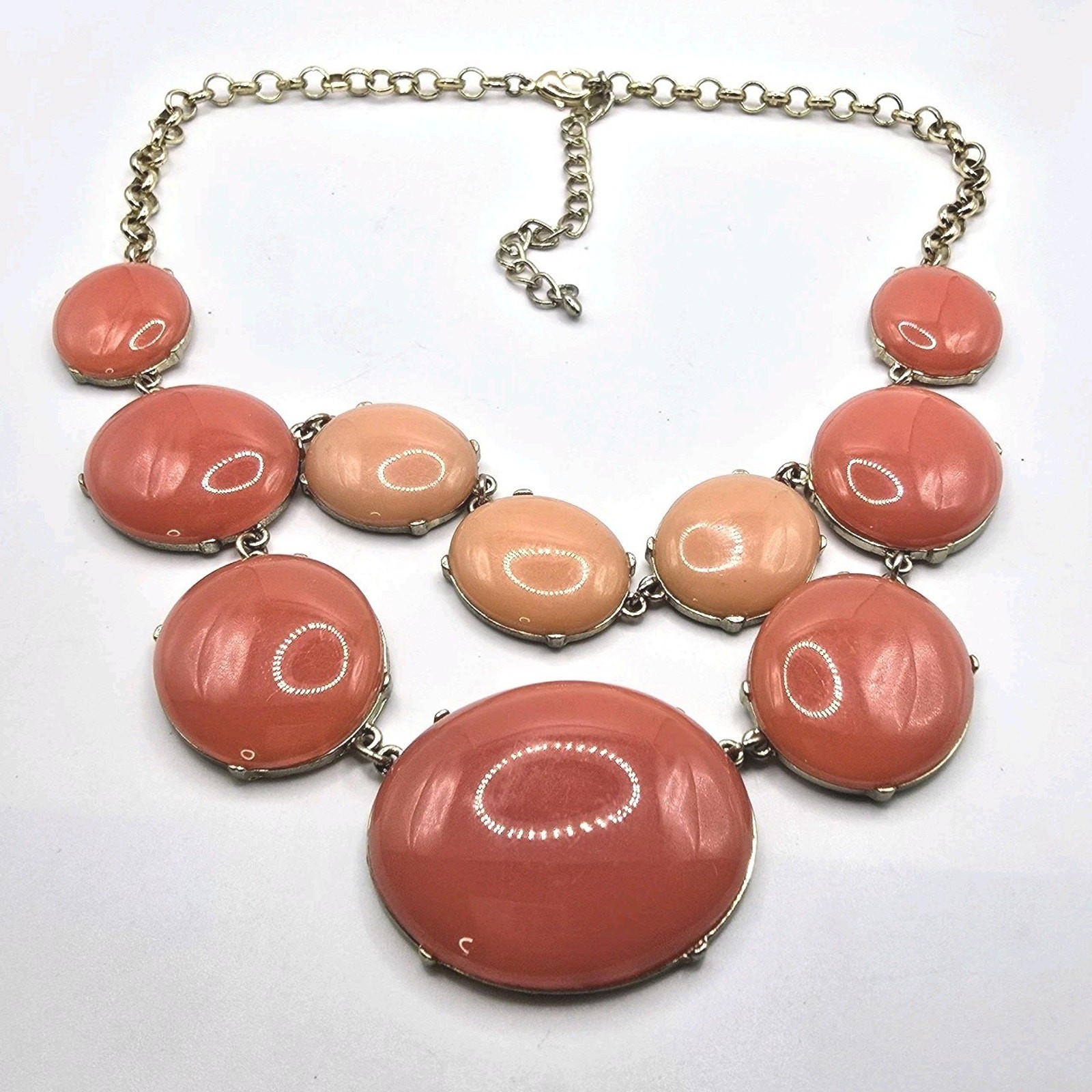 Necklace Orange Peach Colored Acrylic Resin Bib Style Oval Shaped Tone 14″ 16″