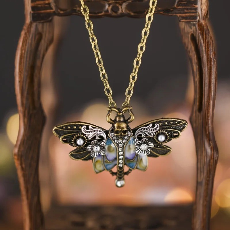 Vintage Boho Moth Skull Pendant Necklace for Women Daily Wear All Seasons Gift