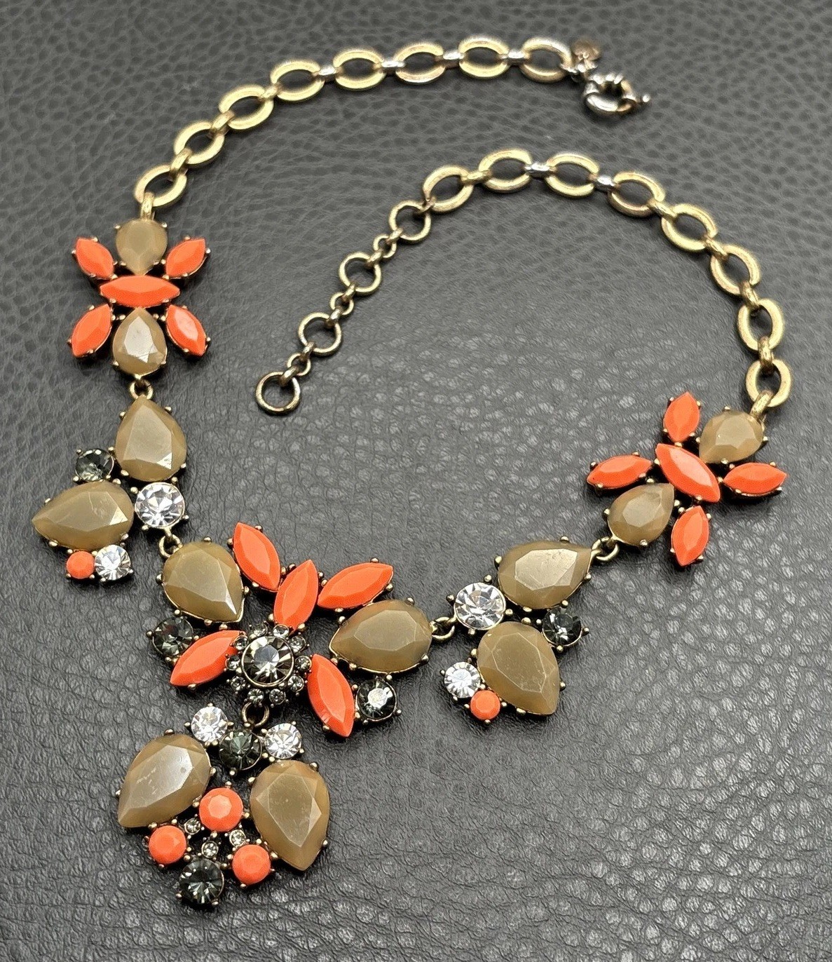 J Crew Statement Bib Necklace Faux Coral Orange Teardrop Rhinestone Brass Tone