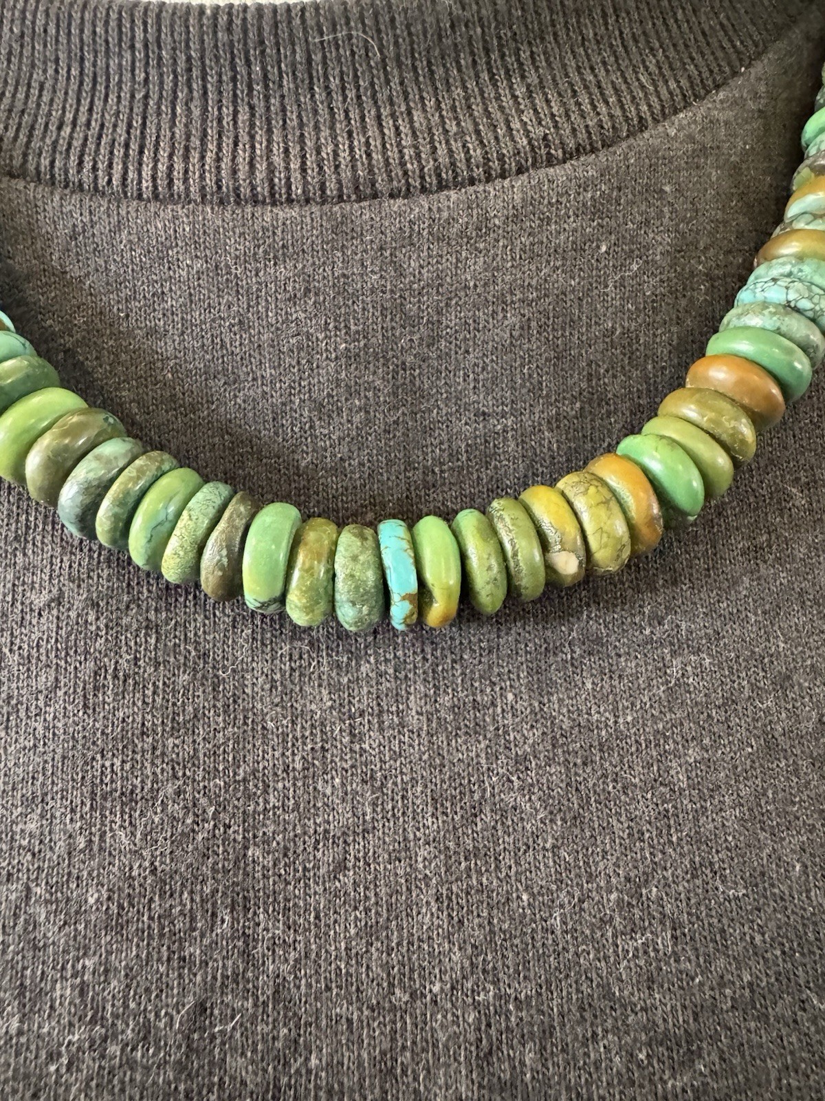 Green Turquoise Heishi Rondelle Bead Necklace Silver Hook Clasp Closure