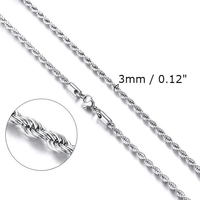 Classy Men Women 3mm Silver Stainless Steel Twisted Rope Chain Necklace 16-30″