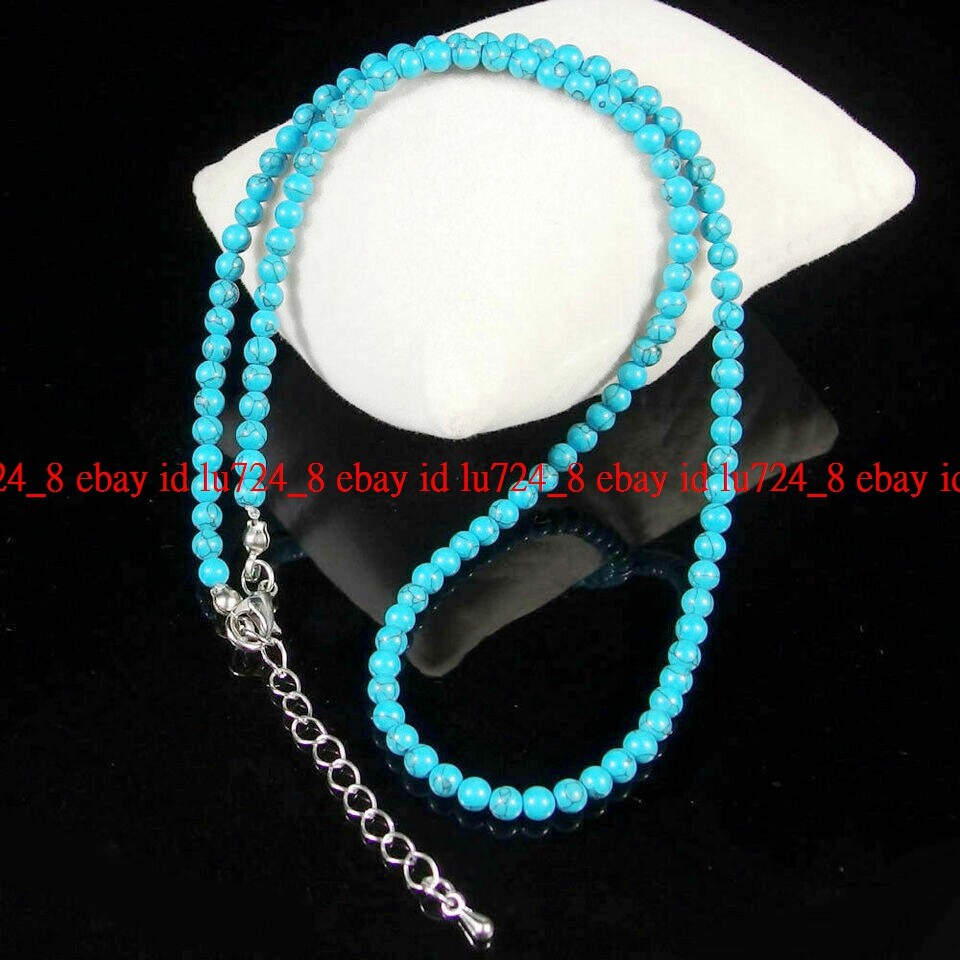 Small 4mm Natural Blue Turquoise Round Gemstone Beads Necklace 20″ AAA
