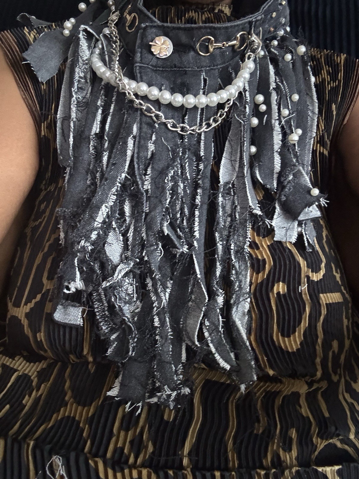 Gray Fabric Bib Statement Necklace w/ White Round Pearl & Crystal, Cable Chain
