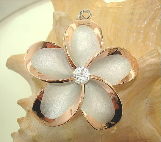 46MM RHODIUM ROSE GOLD PLATED 925 SILVER SATIN HAWAIIAN PLUMERIA CZ PENDANT #5
