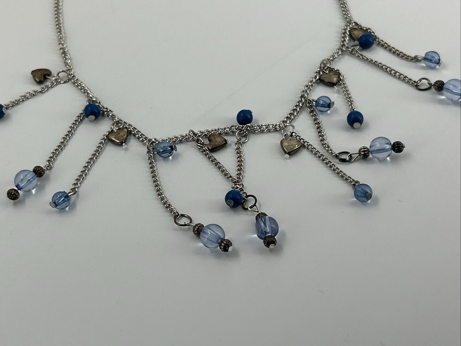 Silver Tone Blue Chandelier Choker Necklace Womens Bib Fringe Hearts Chain 17-19