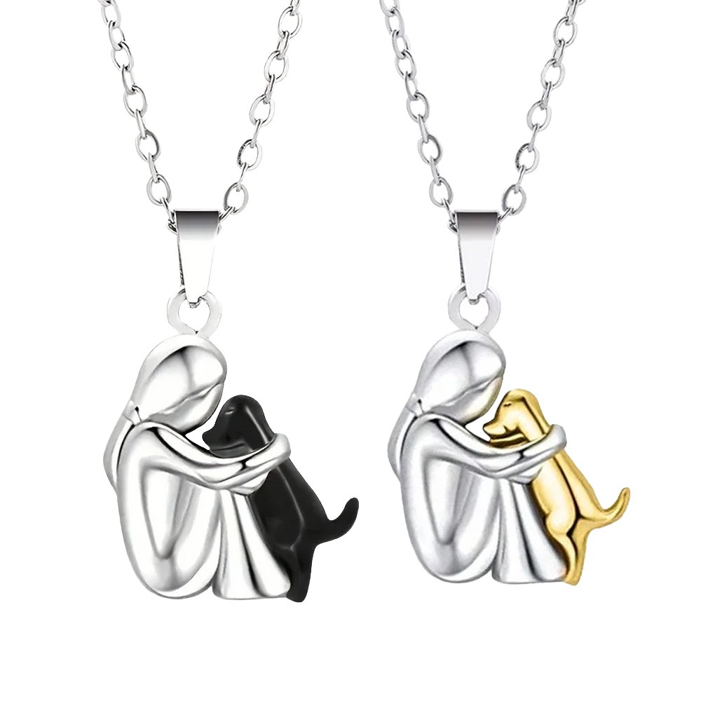Pet Lover Necklace Pendant Woman Hugging Dog Gift Zinc Alloy Chain Jewelry
