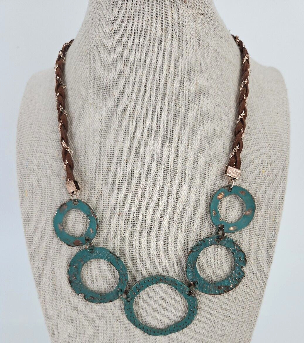 Versona Fashion Necklace Blue Bronze Metal Hammered Disc Ethnic Funky 16 inch