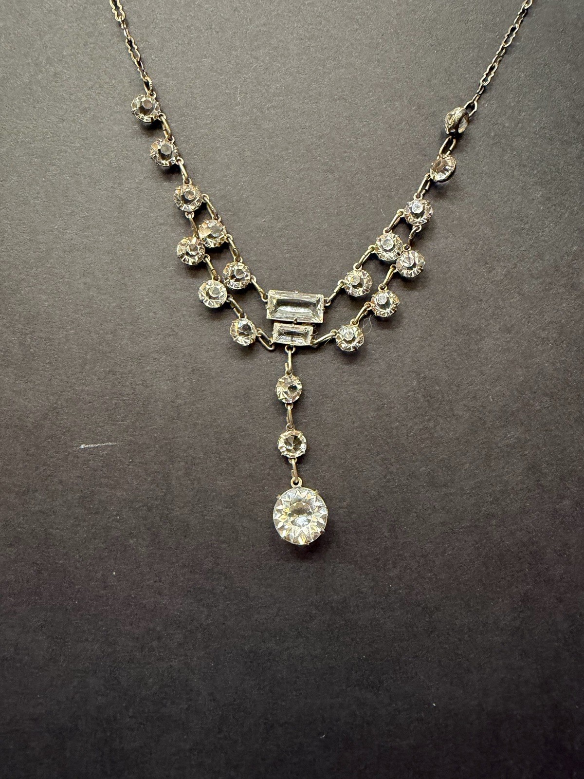 Silver Tone Clear Rhinestone Y-Drop Round Drop Pendant Necklace Cable Chain
