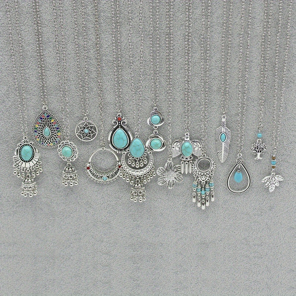 15Pcs Bohemian Vintage Fashion Jewelry Set Ethnic Turquoise Pendant Necklaces