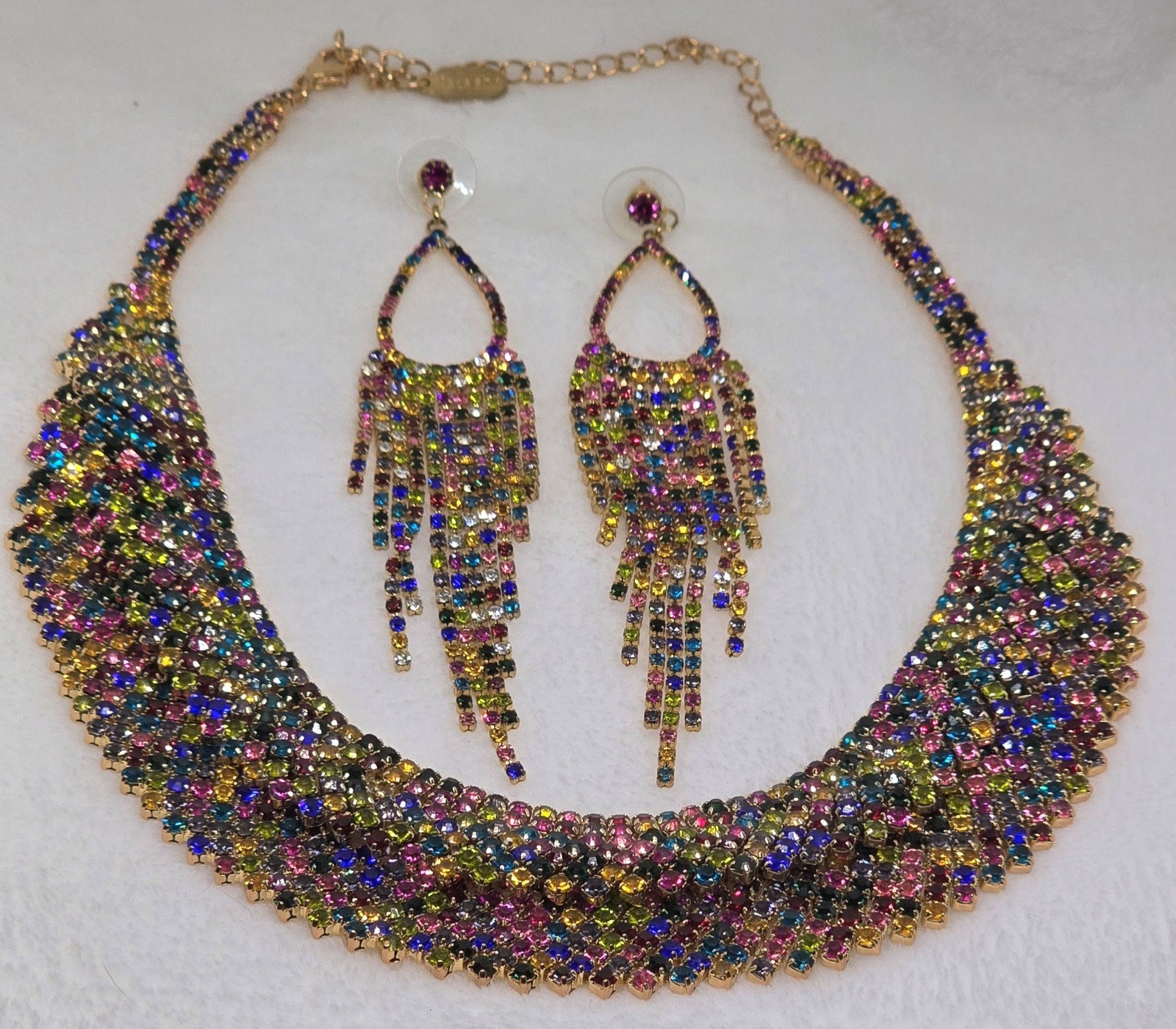 NATASHA Designer Necklace Earring Set Bib Stagewear AB Multicolor Rhinestones