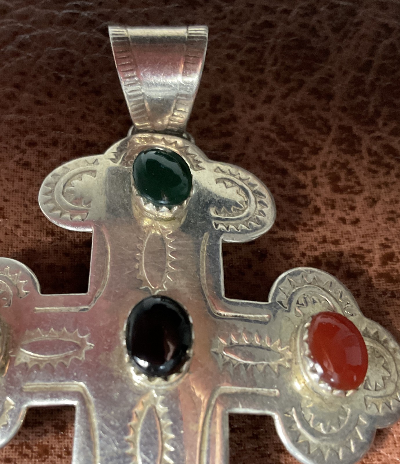 Sterling Silver Multi-Stone Cabochon Cross Pendant — 925 Thailand — Turquoise, L