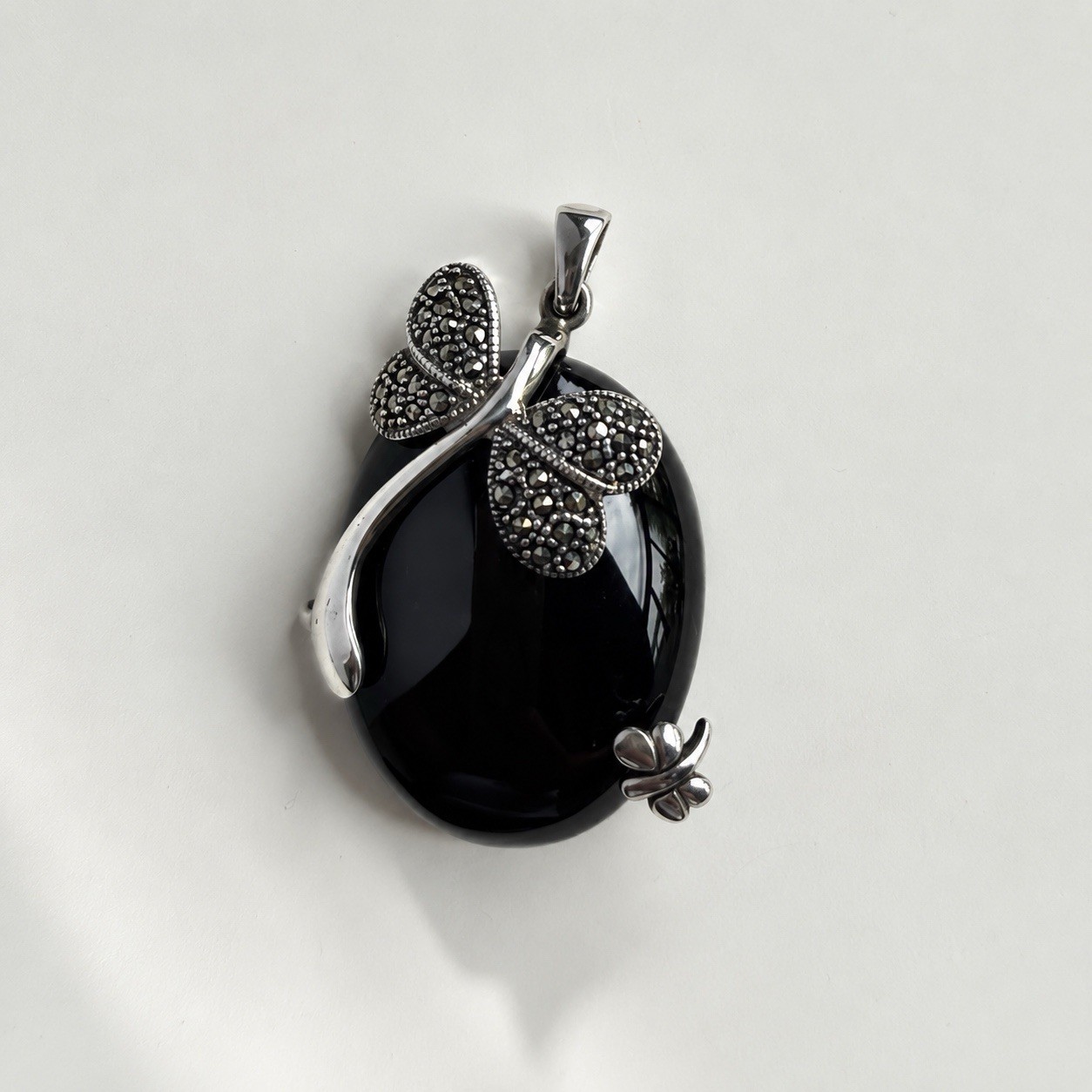 Large 2” Black Onyx Pendant 925 Sterling Silver Marcasite Butterfly Floral State