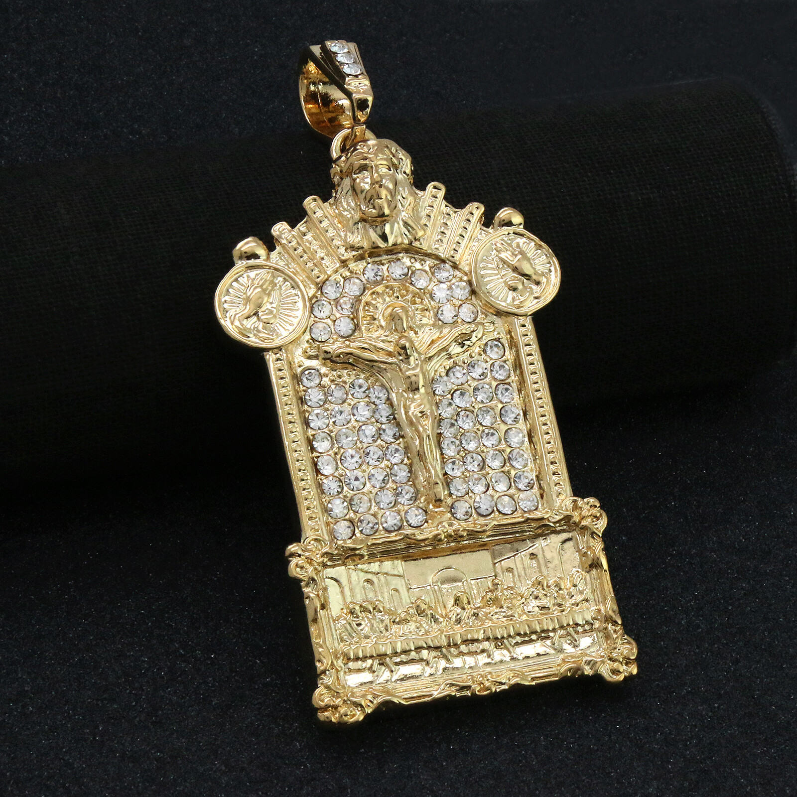14k Gold Plated XL Last Supper Jesus Temple Pendant Cubic-Zirconia 24″ Box Chain