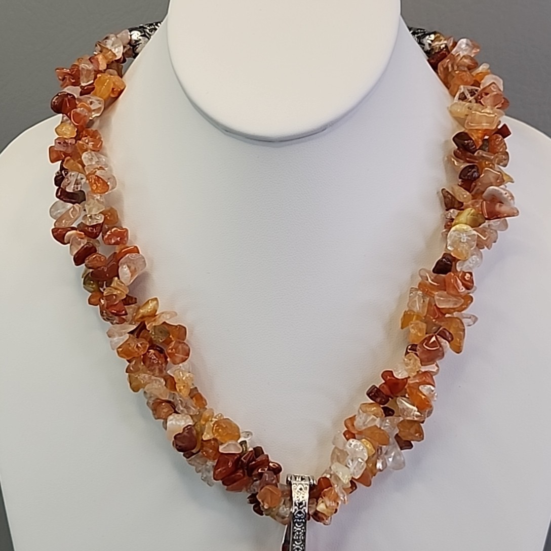 Carnelian Agate Necklace Chip Beaded Triple Layered Statement Orange JTV 22″