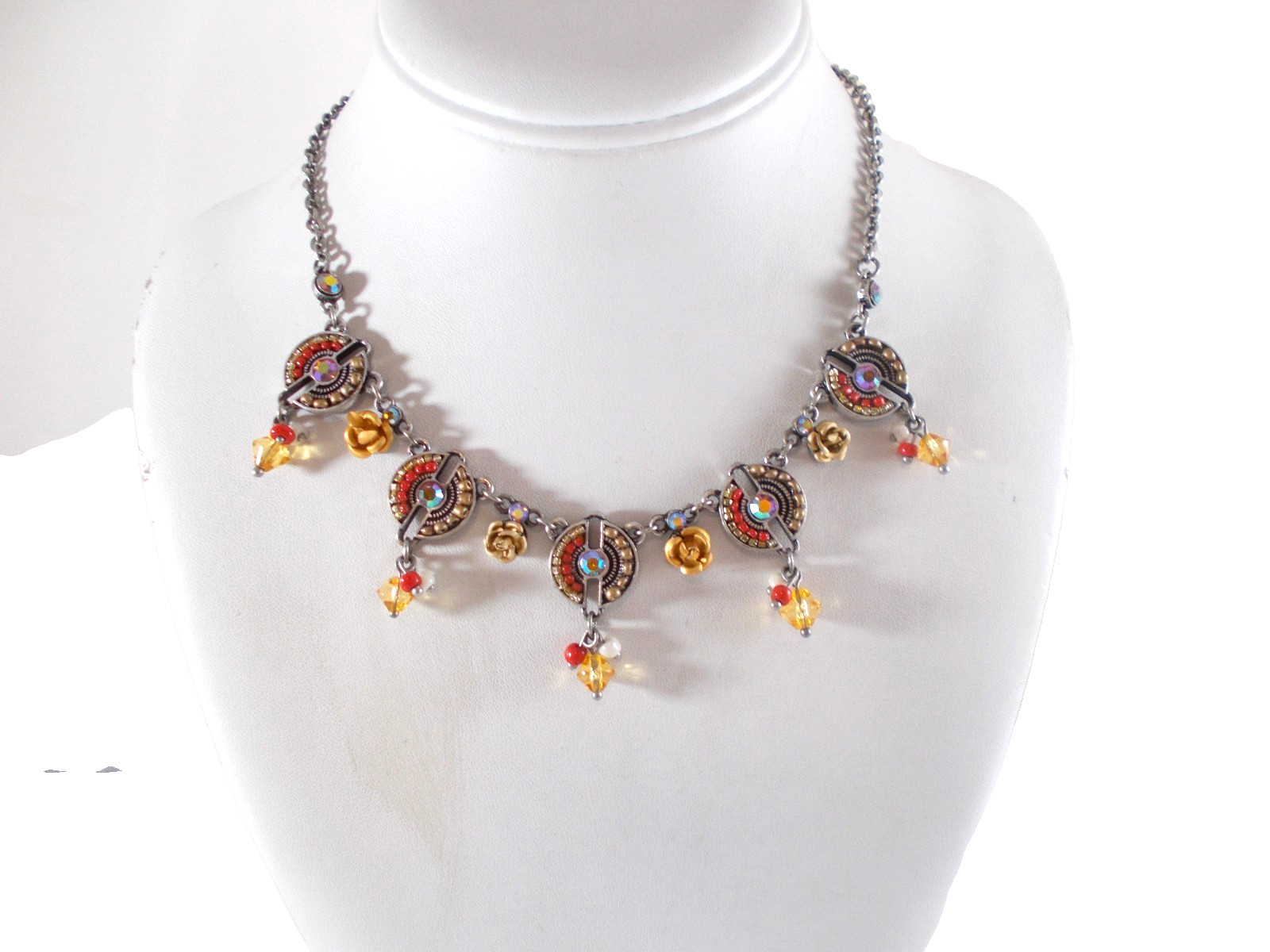Boho Ethnic Style Bead Dangles Silver Tone Necklace Gold Rosettes & Rhinestones