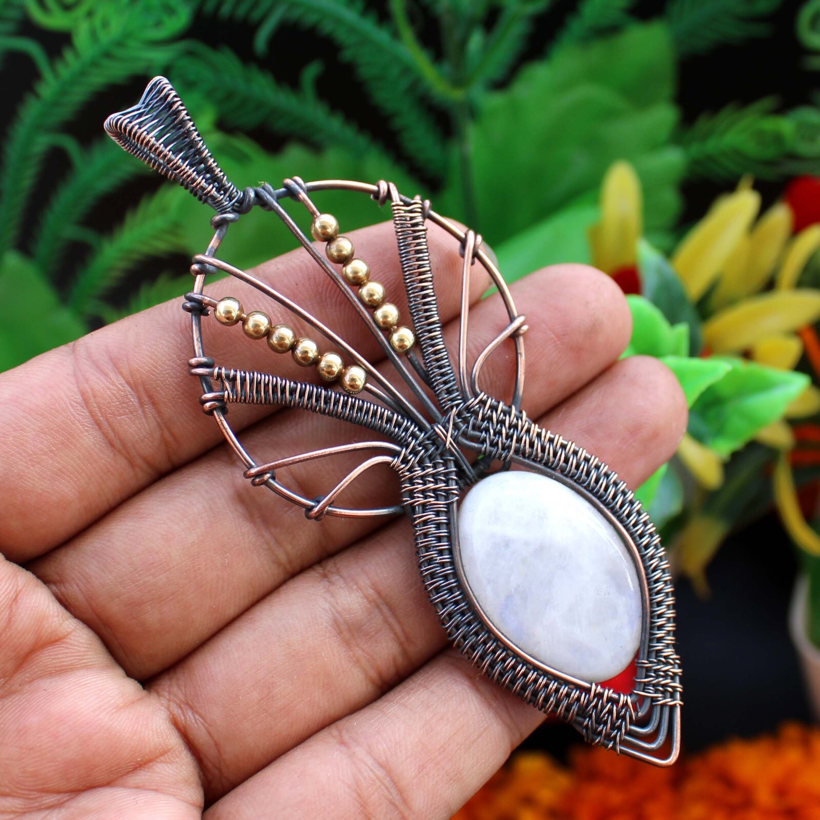 Rainbow Moonstone Pendant Copper Wire Wrapped Pendant Gemstone Wire Wrap Jewelry