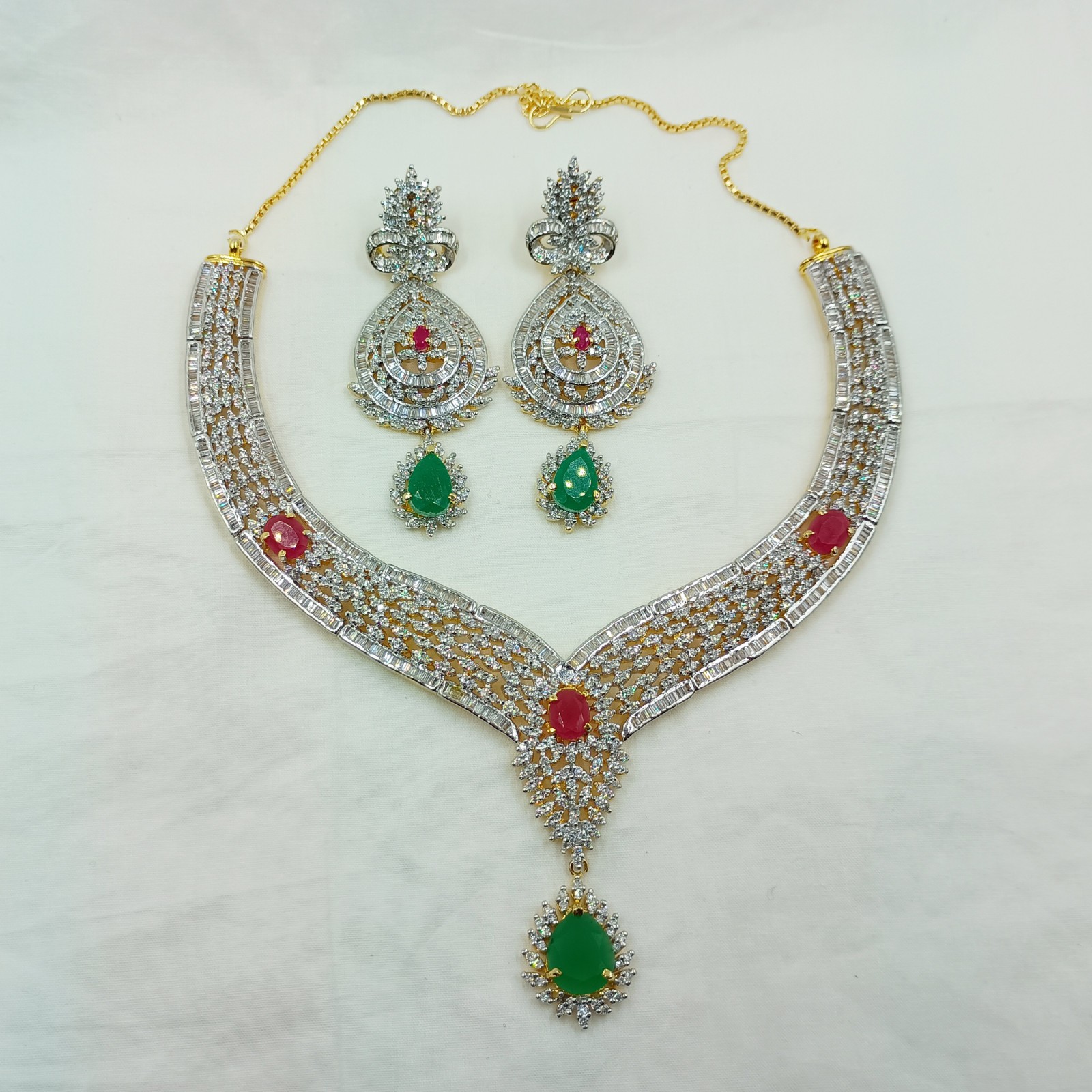 Traditional Emerald Ruby CZ Diamond Choker Necklace Set 22k Gold Plated