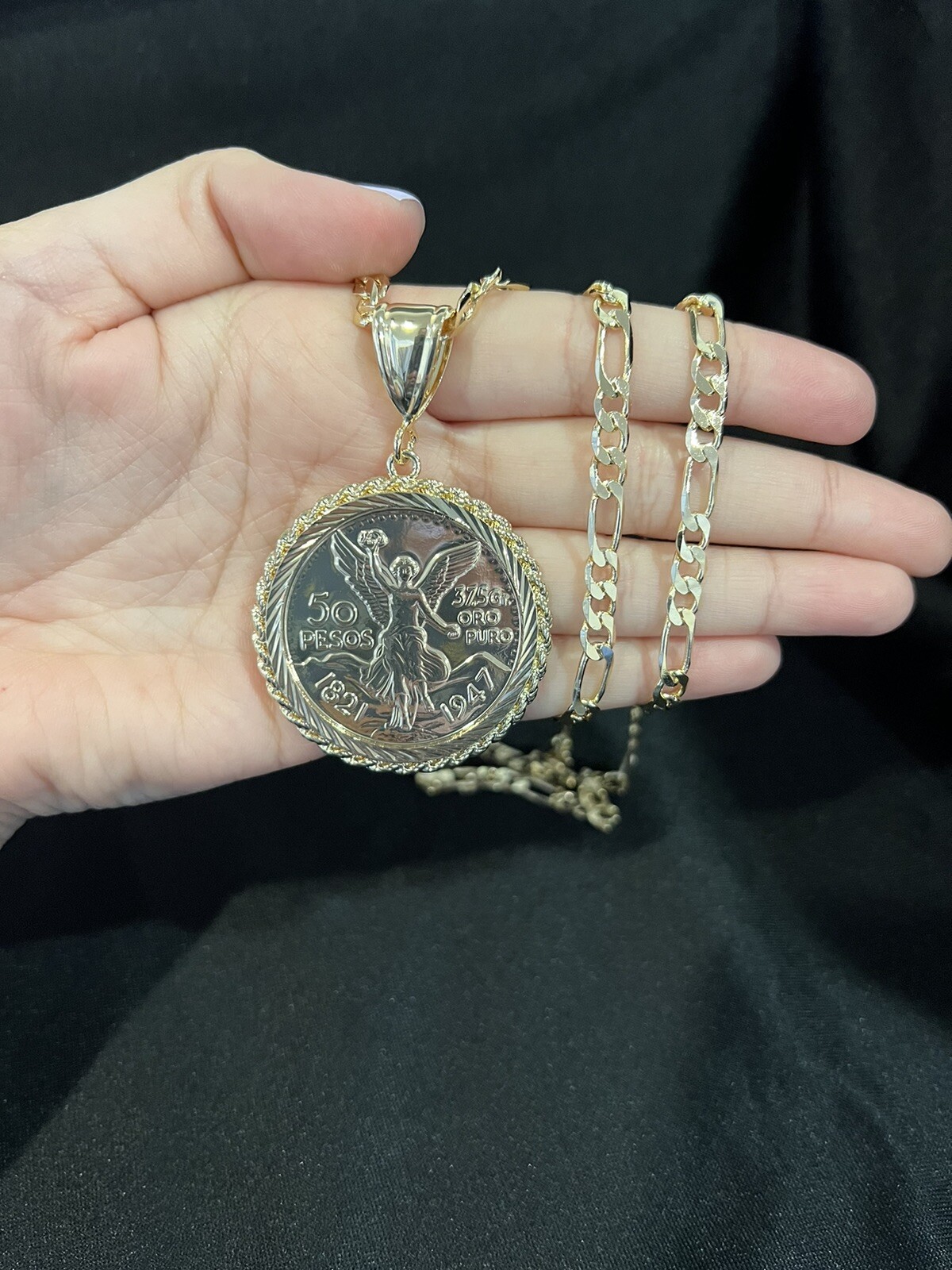 Gold PLATED 50 Pesos Moneda Mexico Coin Rope CENTENARIO Pendant & Figaro Chain