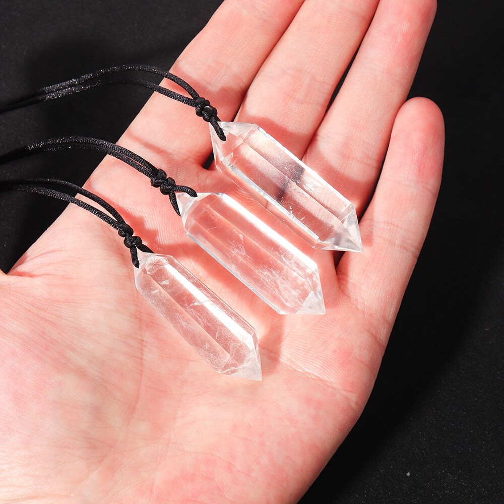 Natural Clear Quartz Double Point Pendant White Crystal Charm Necklace Handmade