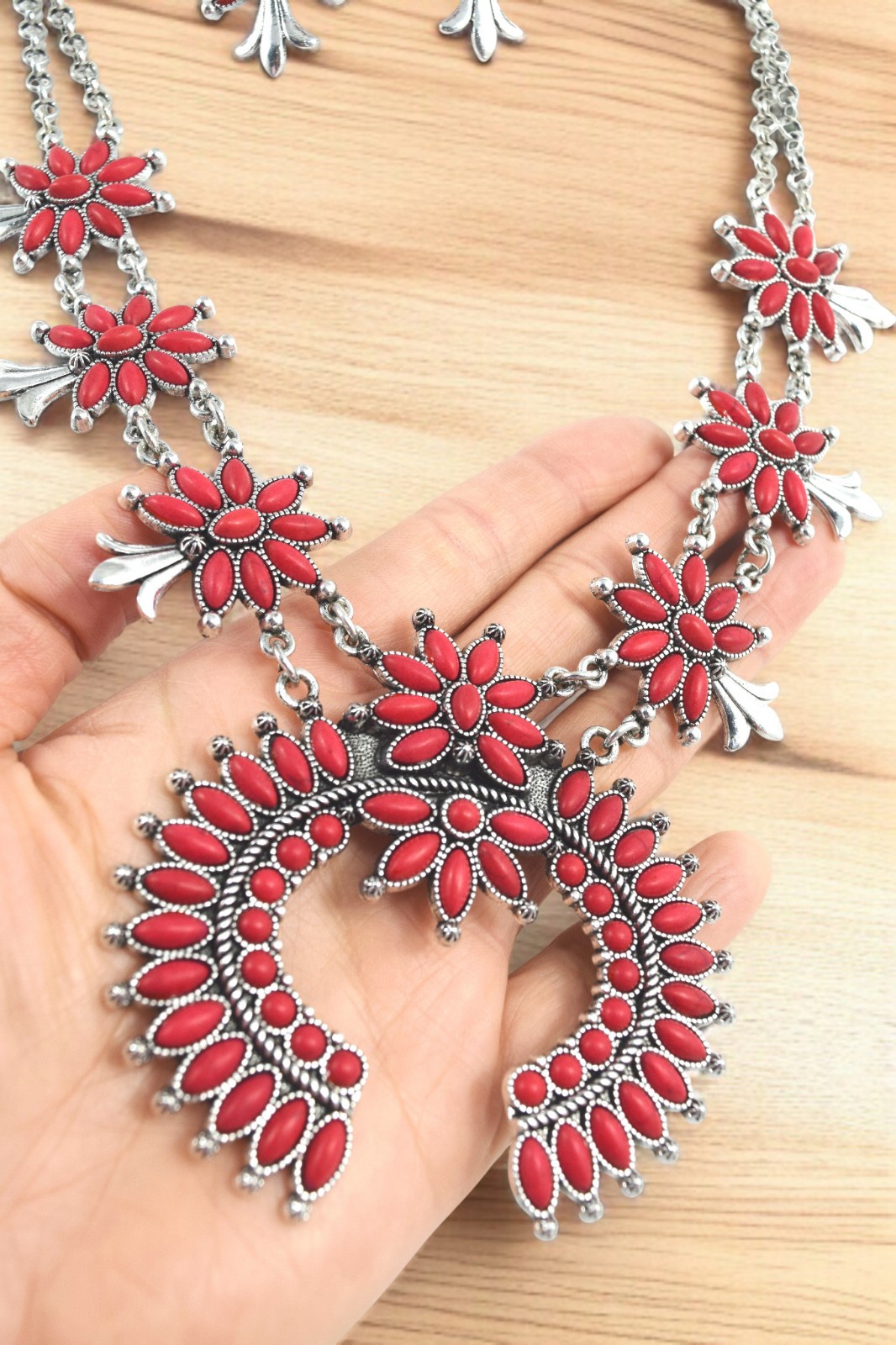 Bohemian Red Squash Blossom Statement Necklace and Earrings, Western Style