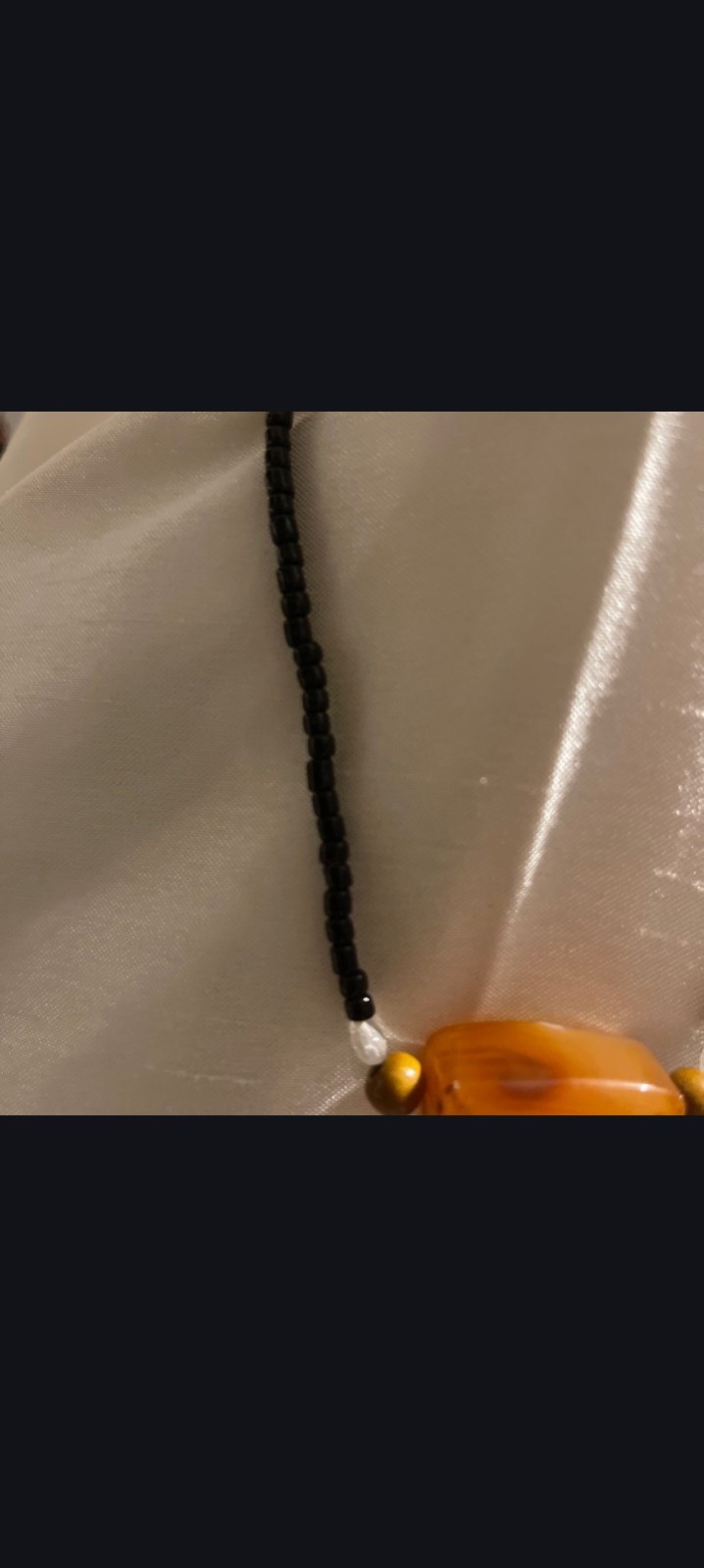 Black Beaded Ball Chain Necklace w/ Orange Rectangle Pendant Charm, Stone Glass
