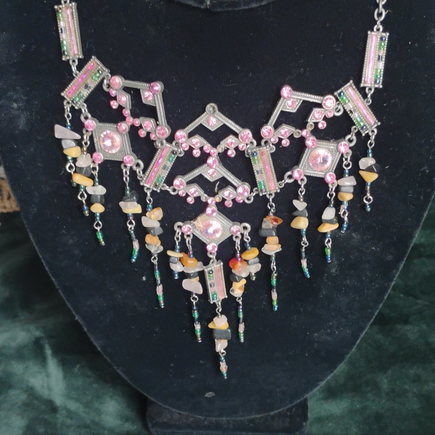 Silver Tone Art Deco Bib Statement Necklace, Pink Crystals Bead Dangles