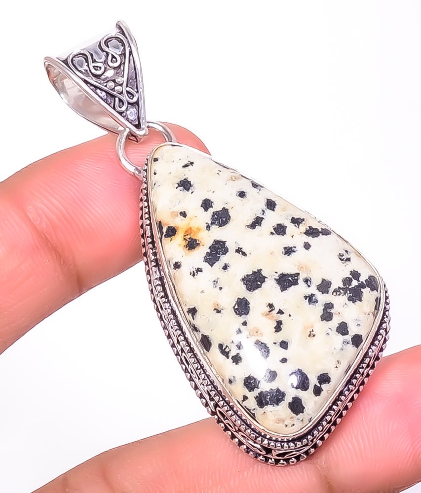 Natural Fine Art – Dalmation Jasper Handmade Silver Plated Bali Pendant 2.26″