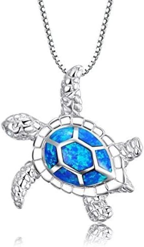 LIBORIA S925 Sterling Silver Turtle Necklace with Blue Opal Pendant – 18 Inches
