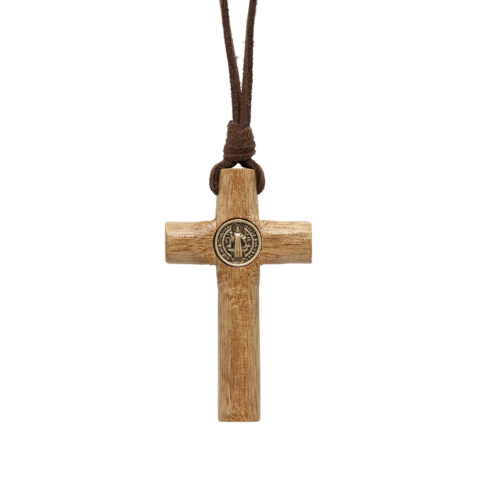 Wooden Cross Crucifix St Benedict Necklace Leather Cord Men Women Adjustable