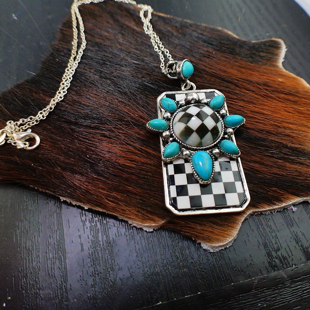 Black White Checkered Turquoise Statement Necklace 18″ 925 Stamped Chain